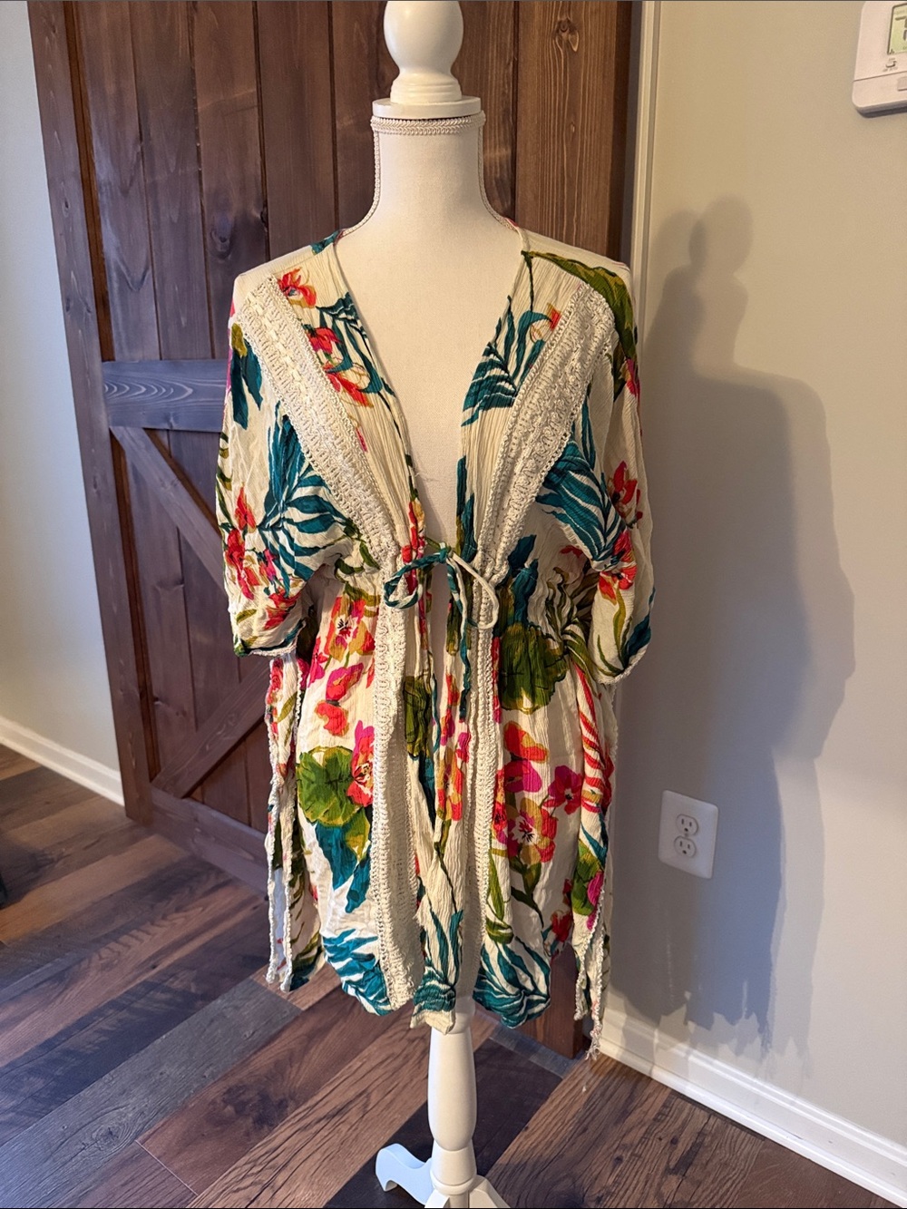 Boho Floral Tie-Front Cream Kimono Top